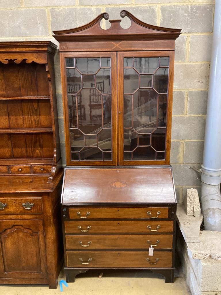 An Edwardian inlaid mahogany bureau bookcase, width 91cm, depth 48cm, height 210cm